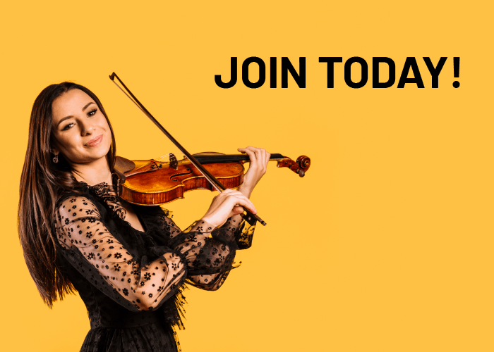 woman playing the violin with words "Join Today!"